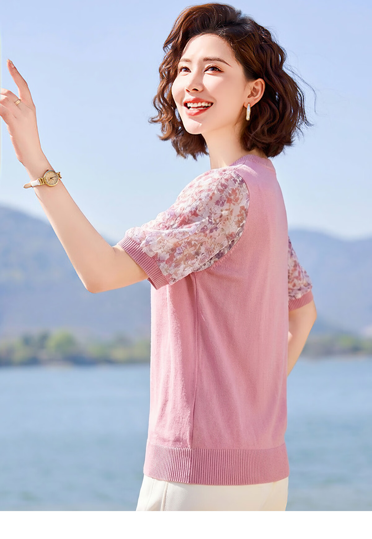 Yuzhaolin Summer Middle-Aged and Elderly Women's Mid-Sleeve Knitted Chiffon T-Shirt for Moms Age 40-50 Y52T160 11