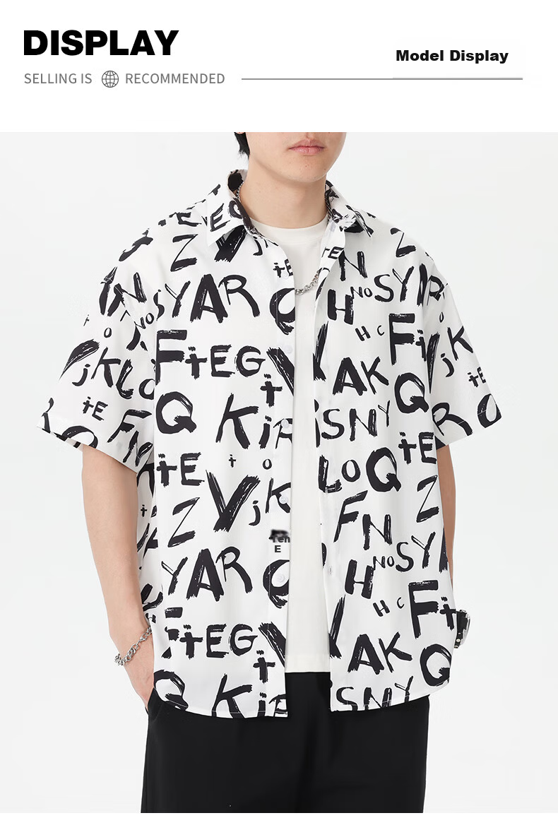 CLOR American Style Ice Silk Men's Spring and Autumn Printed Short Sleeve Shirt Loose Fit Five-Sleeve CLCX12 Cool Letter 2XL 1