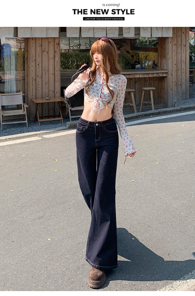 Jeanswest Women's Summer High-Waist Slimming Wide-Leg Casual Flowy Bootcut Jeans Dark Blue 2XL 23