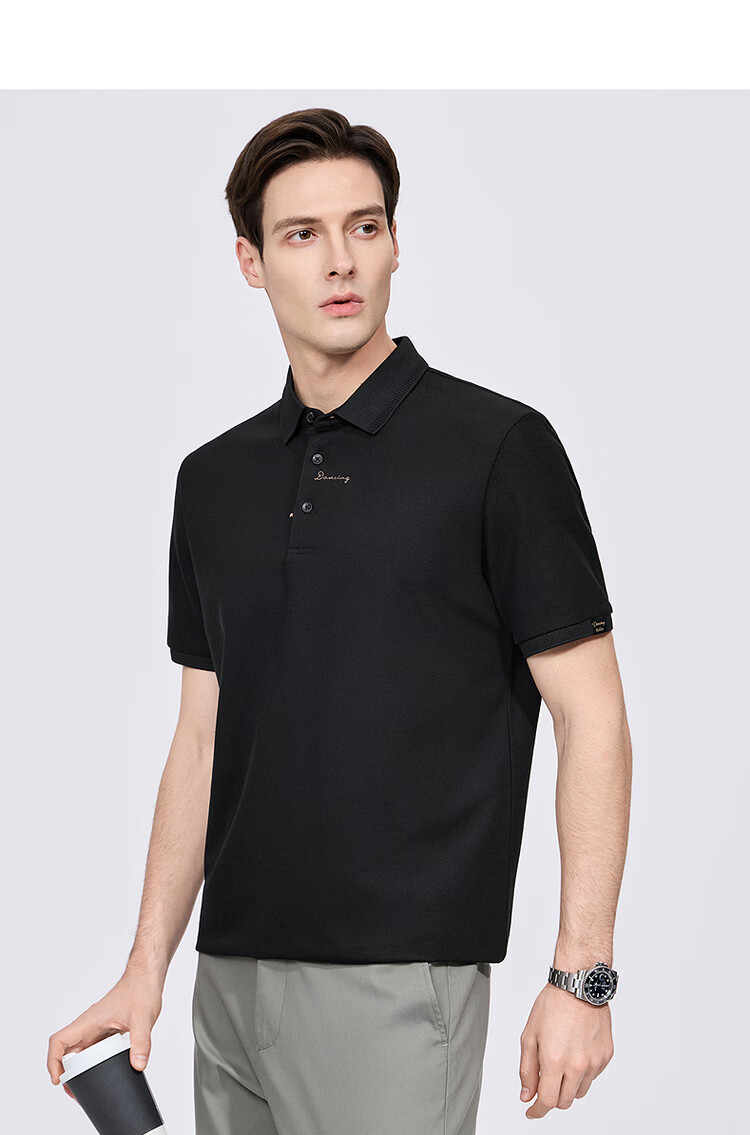 Dance with Wolves [Ice Cool] Exquisite Embroidery 7A Antibacterial 2A Mite-Resistant Ice Feeling Men's Short Sleeve Polo Shirt 001 Black 3XL 17