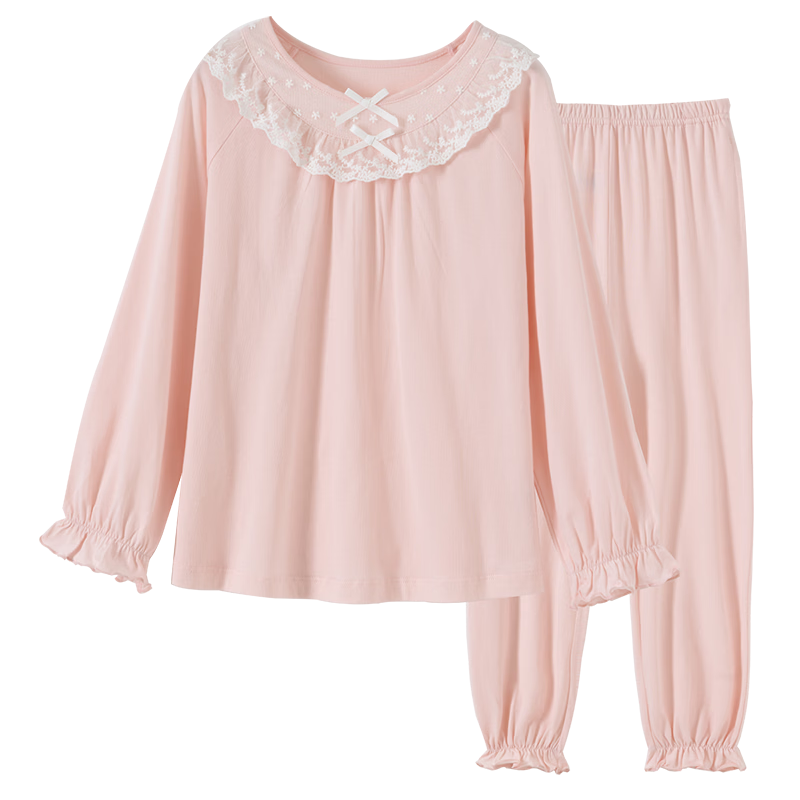 Dingguagua Girls' Cotton Long Sleeve Pajama Set Long Pants Air Conditioning Clothes Big Kids Princess Style Children's Homewear Pink 160