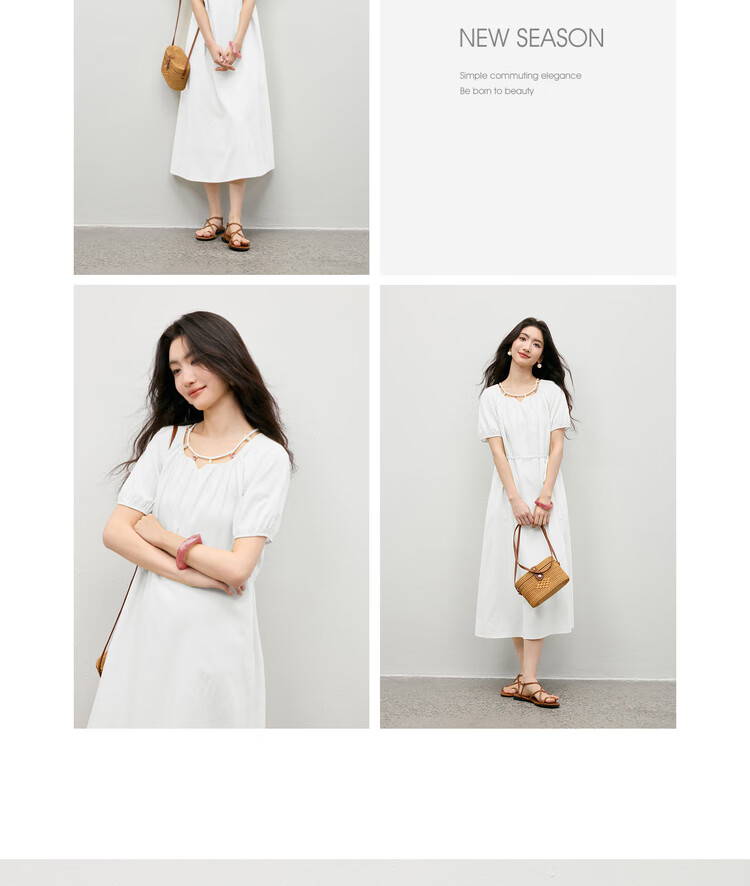 Shangdu Bira Linen Acetate Lyocell Dress Women Spring Summer Elegant Hollow Beaded Round Neck A-line Loose Slim Long Dress 24