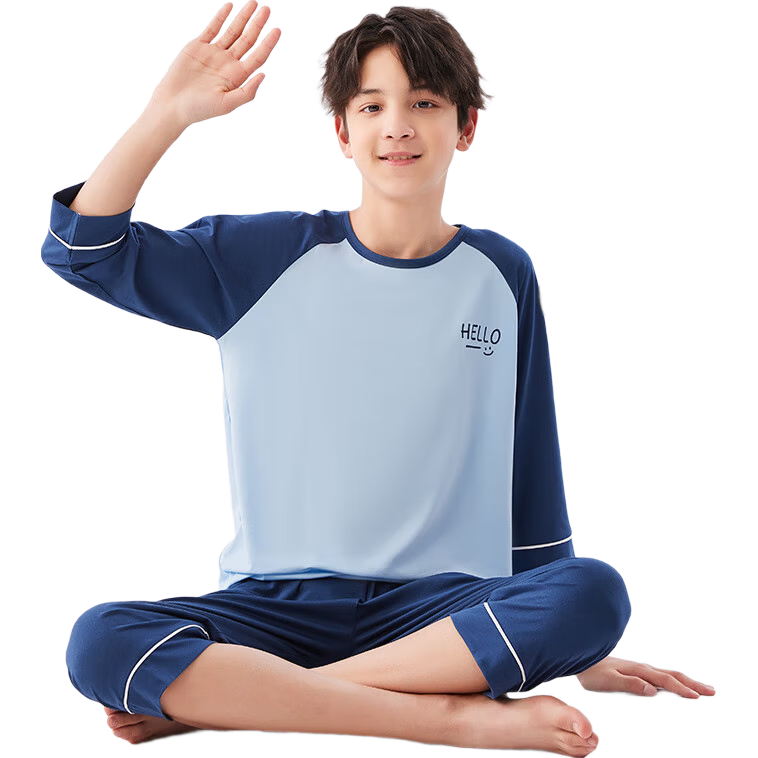 MiiOW Children's Thin Pajamas, Boys' Short-Sleeve Set, Summer Modal Sleepwear for Older Kids, Sky Blue, Size 160