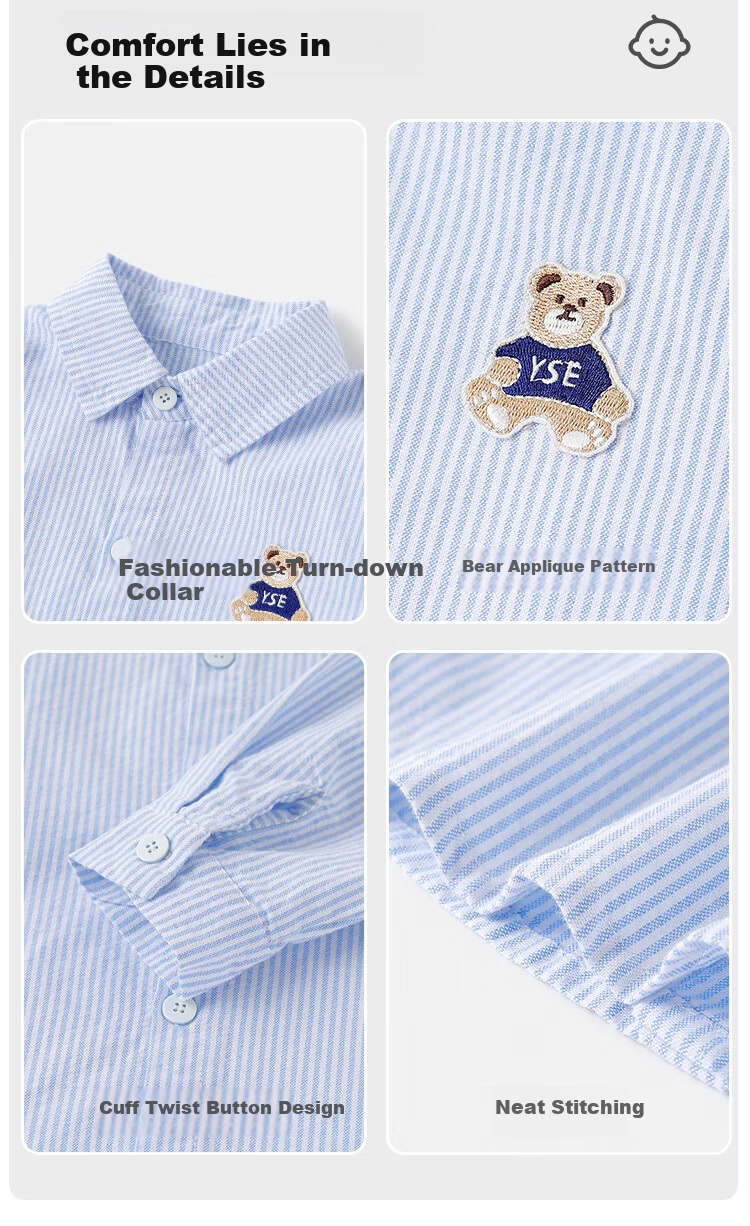 Yishuang'er Children's Shirt Spring and Autumn Boys' Polo Collar 100% Cotton Long Sleeve Baby Shirt Blue Stripes Size 120 16