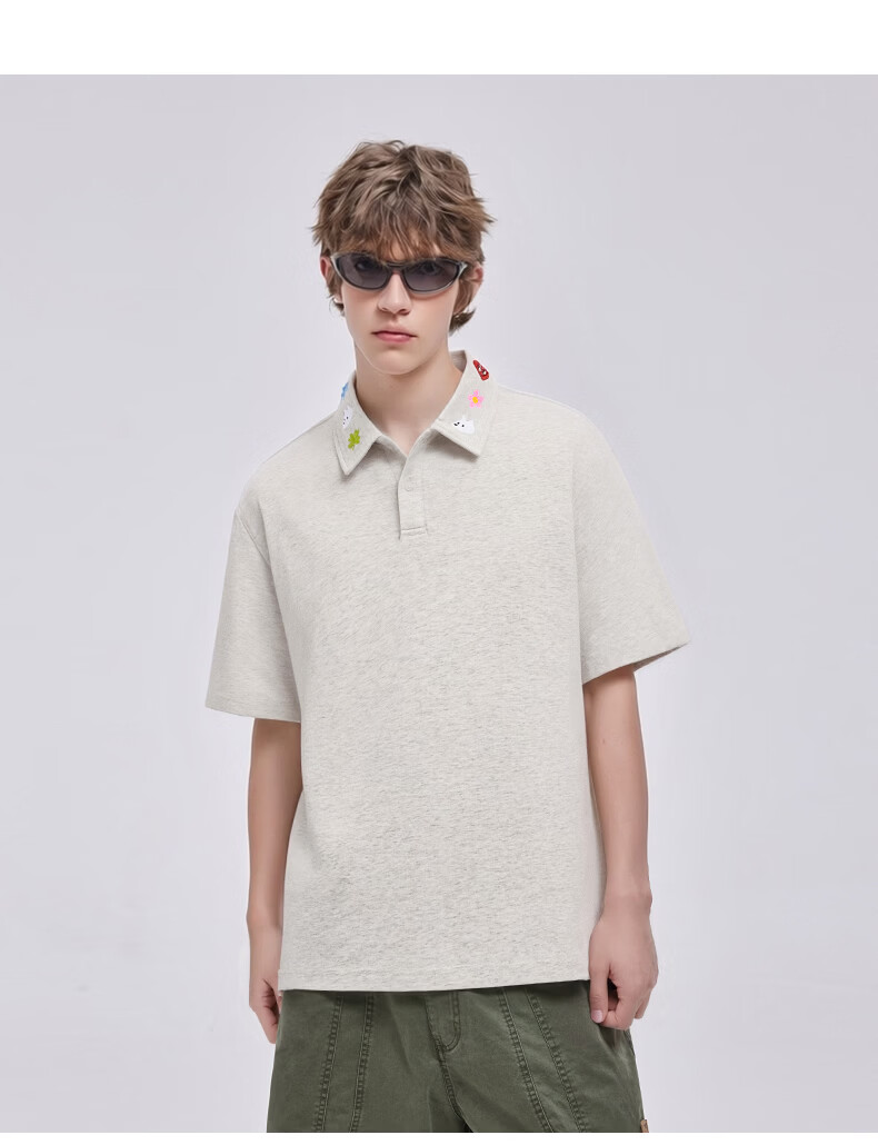 Charles Peach Heart Fresh Collar Cute Embroidered Couple Pure Cotton Short Sleeve Polo Shirt Unisex Casual Light Heather Gray XL 3