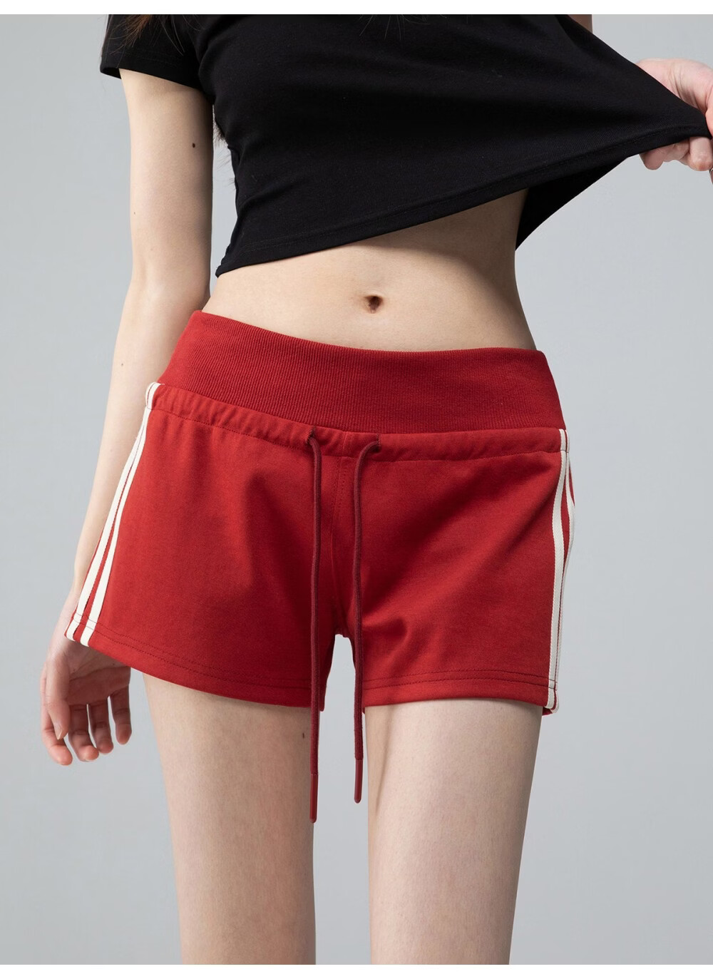 ICH MODE American Style Striped High Waist Shorts Women Summer Slim Straight Sports Sweatpants Casual Pants White Flower Gray L 10