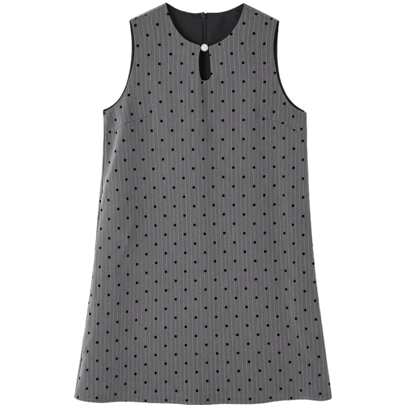 Mt Vintage Polka Dot Spring French Style Sleeveless Flocked Print Pearl Button Mid-Length Dress for Women