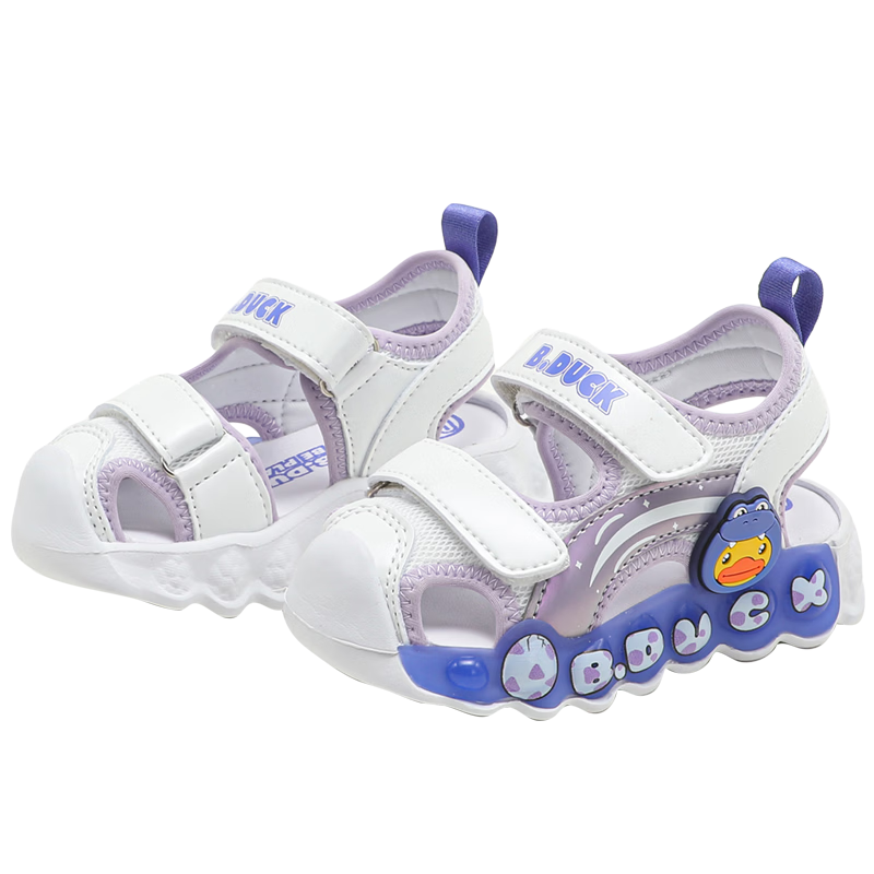 B.Duck Children's Closed-Toe Sandals, Summer Boys And Girls Glow-In Fashionable Light-Up Sandals, 5026 White And Purple, Size 29