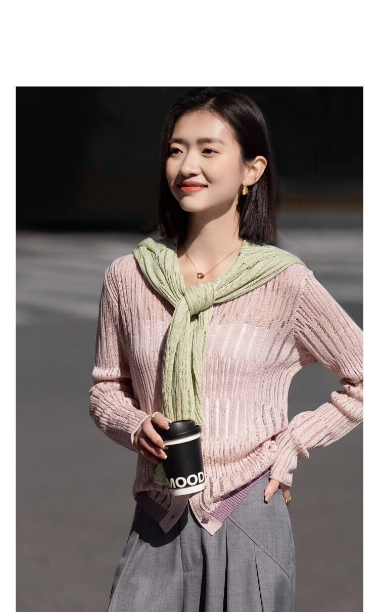 Demana Breathable Tencel Cardigan Spring Round Neck Hollow Out Color Block Soft Stretchy Women's Knit Sweater for Petite 14