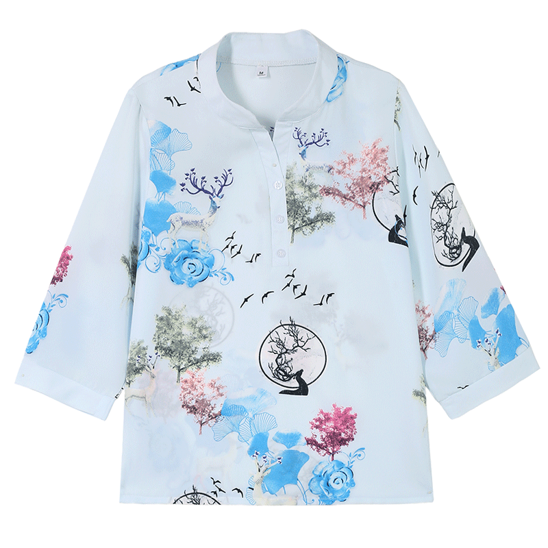 Woodpecker Women's Short Sleeve T-Shirt Casual Floral Shirt Middle-aged and Elderly Mom Loose Elegant Top Summer Blue 2XL