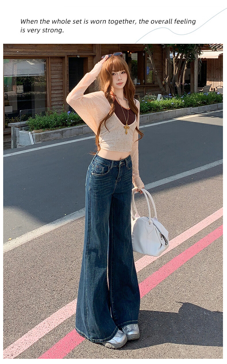Jeanswest Women's Summer High-Waist Slimming Wide-Leg Casual Flowy Bootcut Jeans Dark Blue 2XL 12