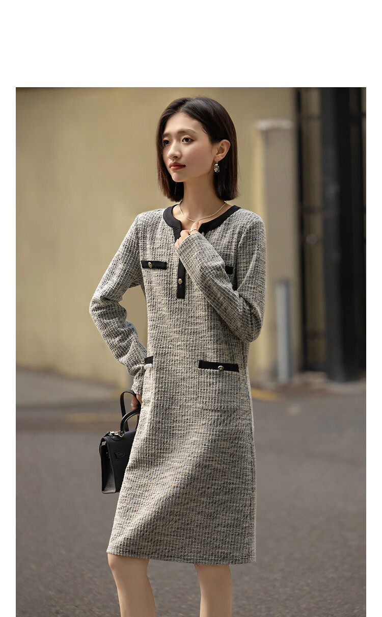 Demana [Smart Sensory Woman] Spring Small Fragrance Style Color-Block V-Neck Faux Pocket Long Sleeve Petite Women's Dress 11