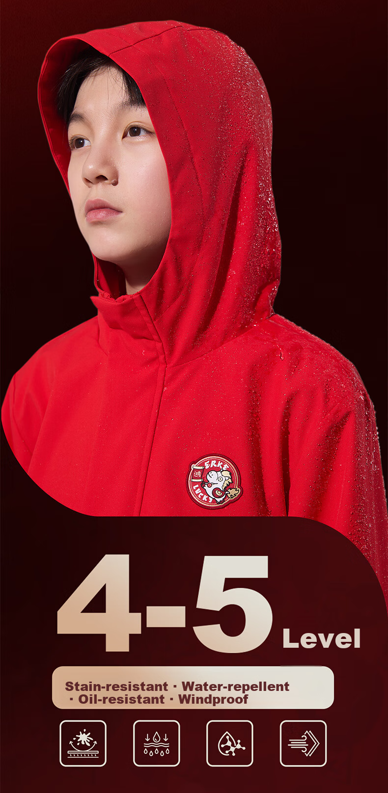 ERKE Kids Boys Girls New Year Coat Children's Four-Protection Technology Thickened Windbreaker Dragon Flame Red 165 4