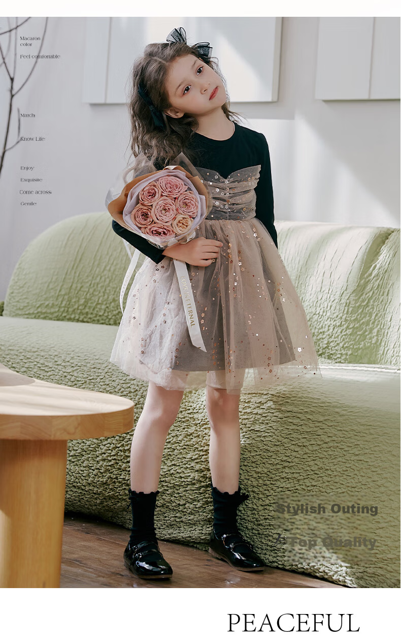 Fulomi Girls' Dress Spring Autumn Sweet Sequin Mesh Princess Dress Puff Knit Dress Black 140 4