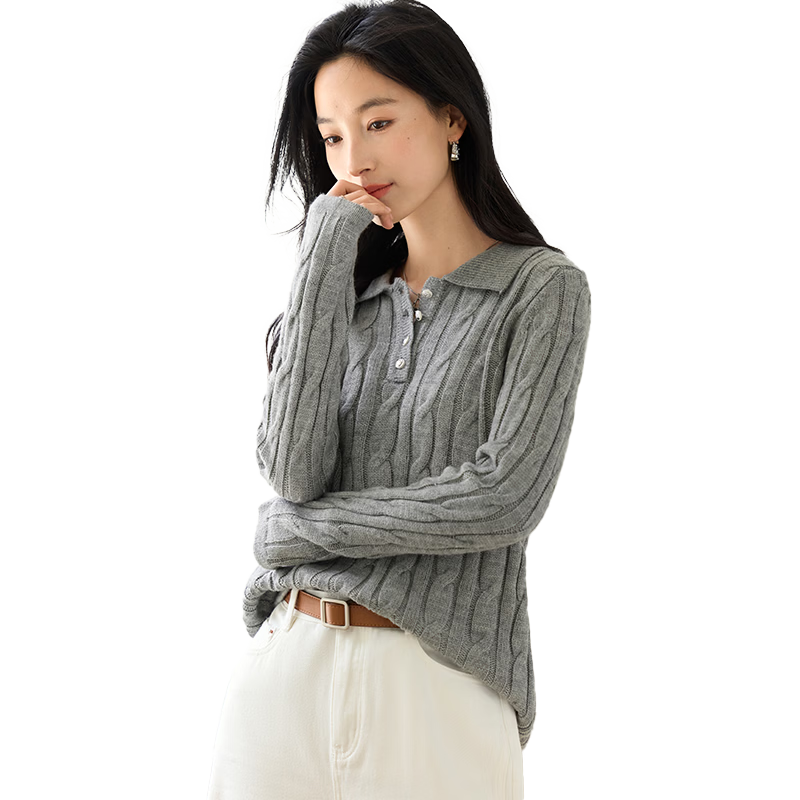 Chushen Spring Autumn Women's Classic Polo Cable Knit Fashion Versatile Sweater S53Z078