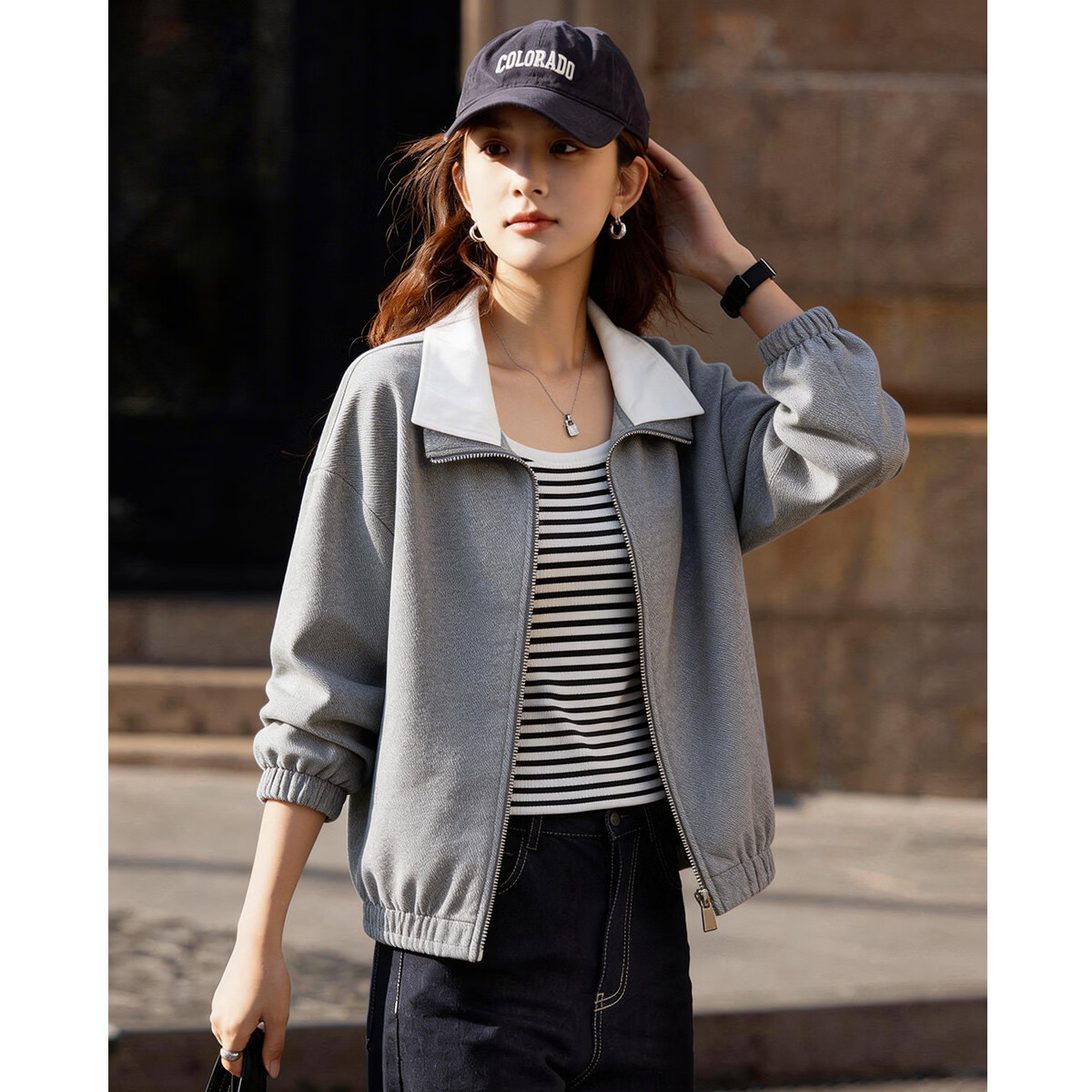 Demana [Instant Out Series] Spring Cloud Cotton Color-Block Lapel Drop Shoulder Loose Fit Petite Women's Jacket