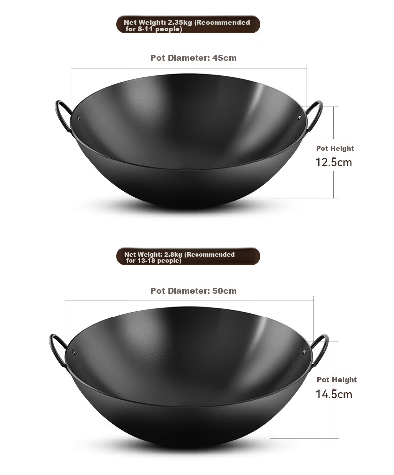 Sacon Commercial Double-Handle Iron Wok Hand-Forged Stir-Fry Pan No Coating Home Cooking Round Bottom Gas Stove 60cm with Lid 15