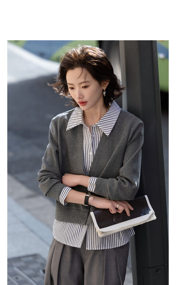 Demana Q-Elastic Air Layer Spring Smart Wind Fake Two-Piece Striped Splice Lapel Loose Petite Women's Jacket 11