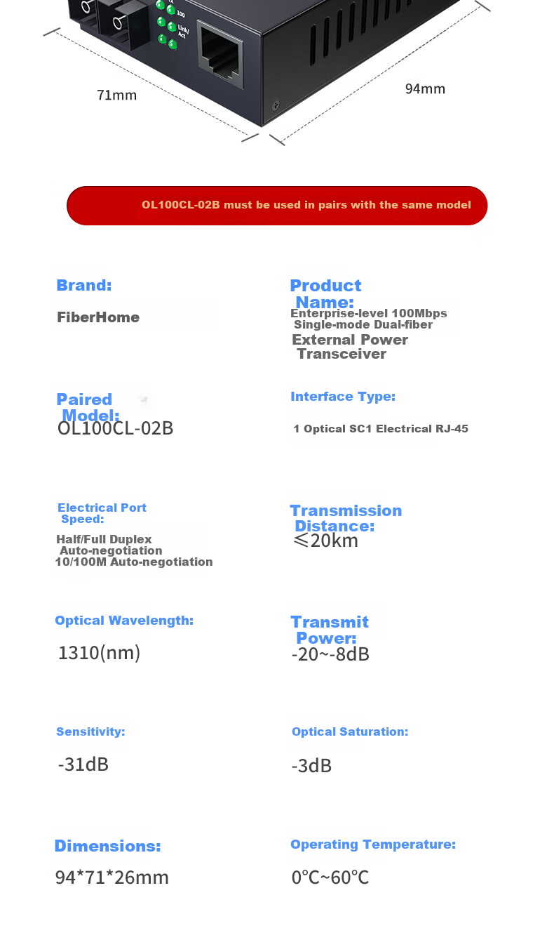 FiberHome Enterprise Grade Fiber Optic Transceiver 100Mbps Single Mode Dual Fiber 20km Optical Converter SC Interface OL100CL-02B 7