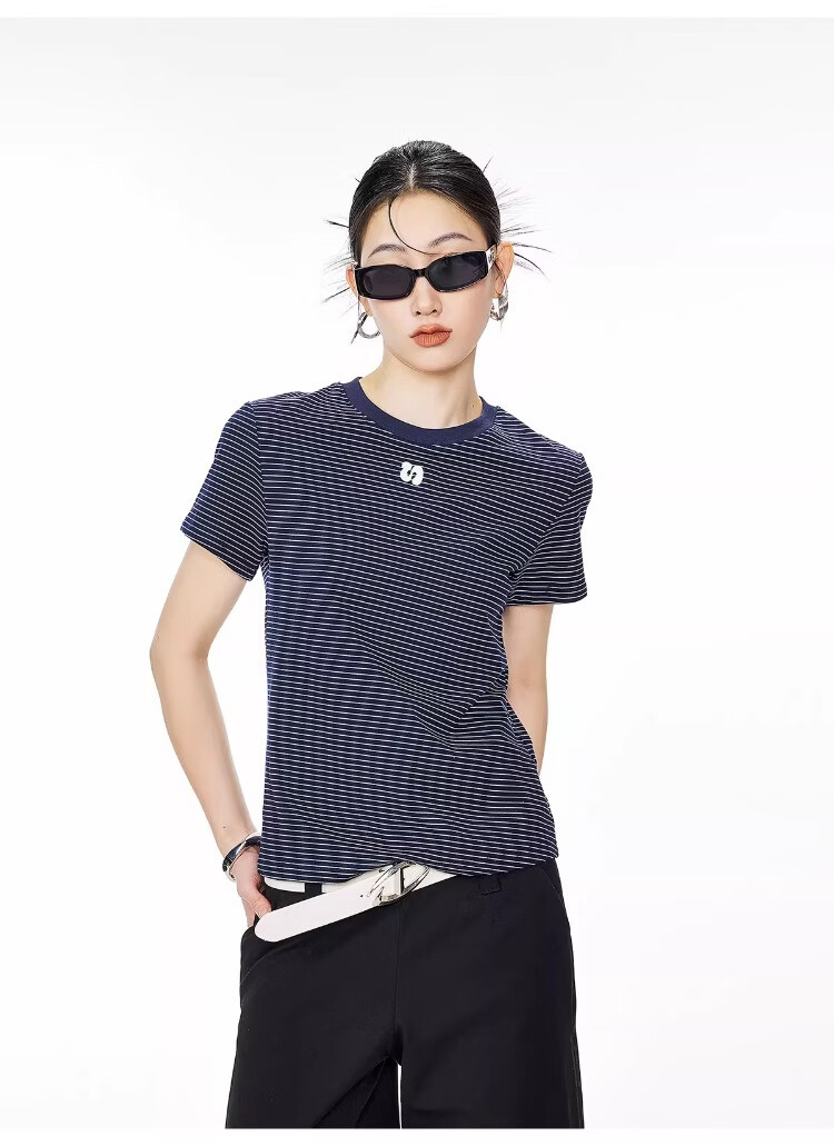 ICH MODE American Style Striped Slim Fit Short Sleeve T-Shirt for Women 2026 Summer New Hot Slim Shoulder Short Top White S 22