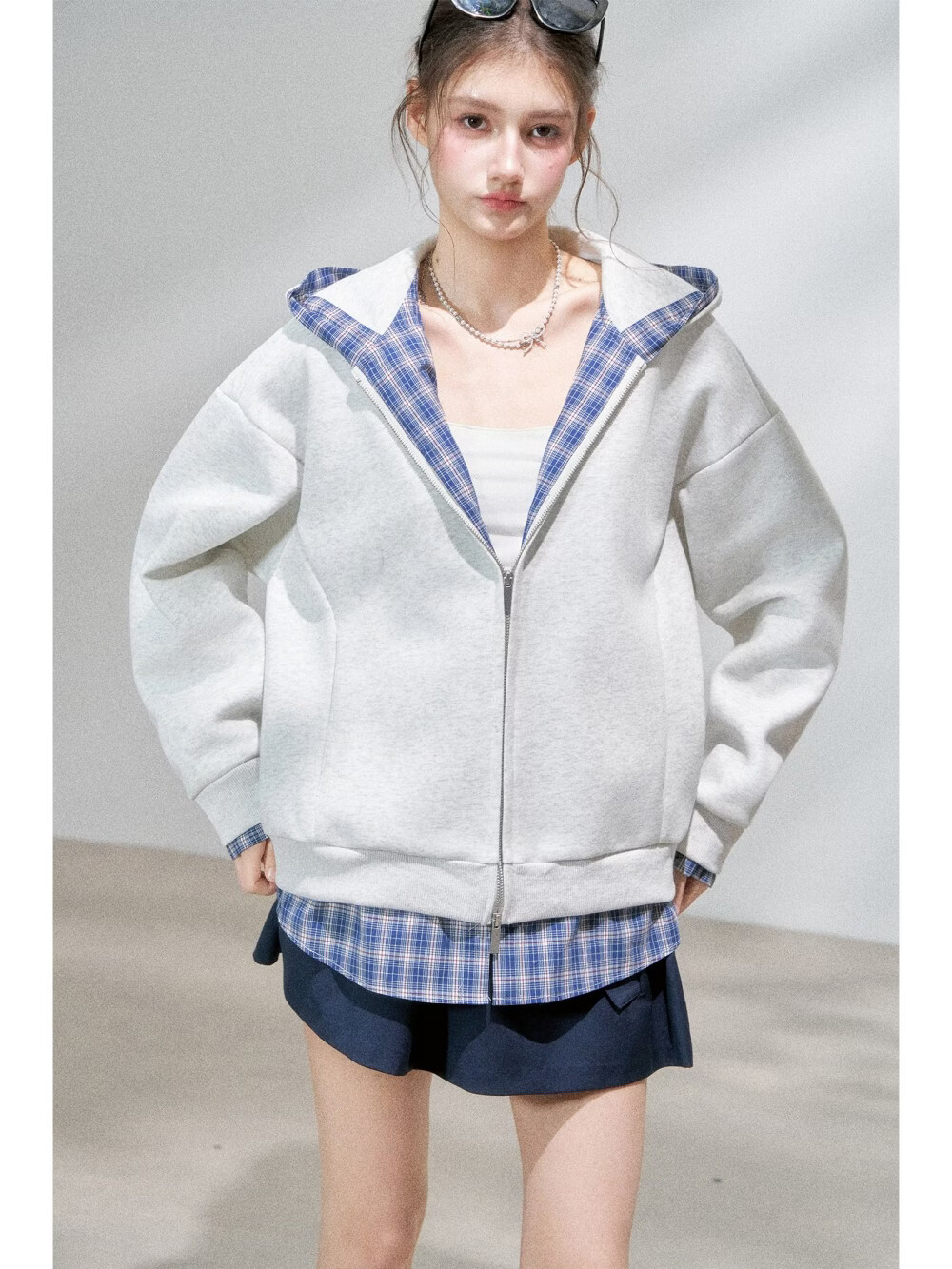 ICH MODE Spotted Light Colorblock Loose Fit Hoodie Women's Sweet College Style Sweatshirt Cardigan White Flower Gray S 7
