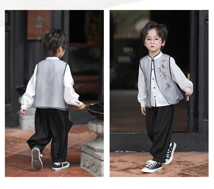 Qibo Boys' Hanfu, New Summer Style, New Chinese Style, Children's Performance Costume, Bamboo Shadow Short Sleeve (Top Only), Size 150 12