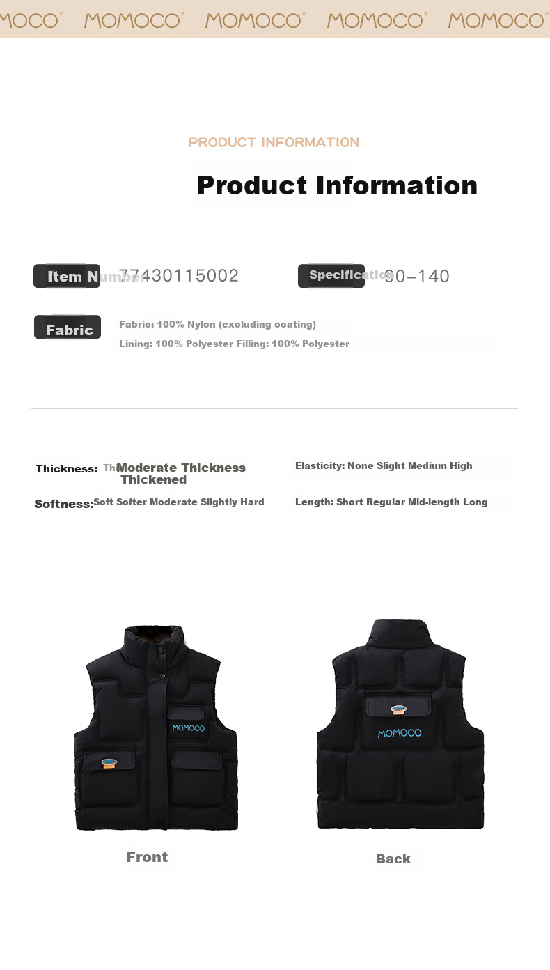 MOMOCO Boys Winter Thick Cotton Vest Children's Jacket Korean Style Pocket Vest Black Size 90 4
