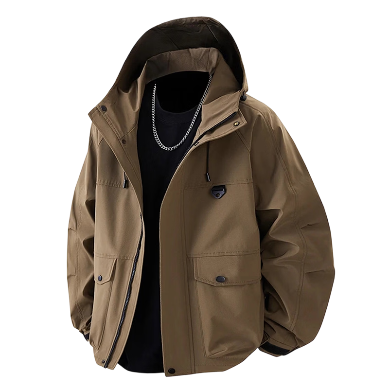 JEEP SPIRIT Men's Windproof Hooded Work Jacket Spring Casual Functional Jacket Brown L