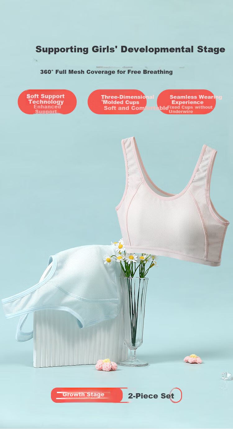 Hodohome Girls' Underwear Development Stage 2 Class A Mesh Breathable Student Racerback Bra 2-Pack 076 A85 1