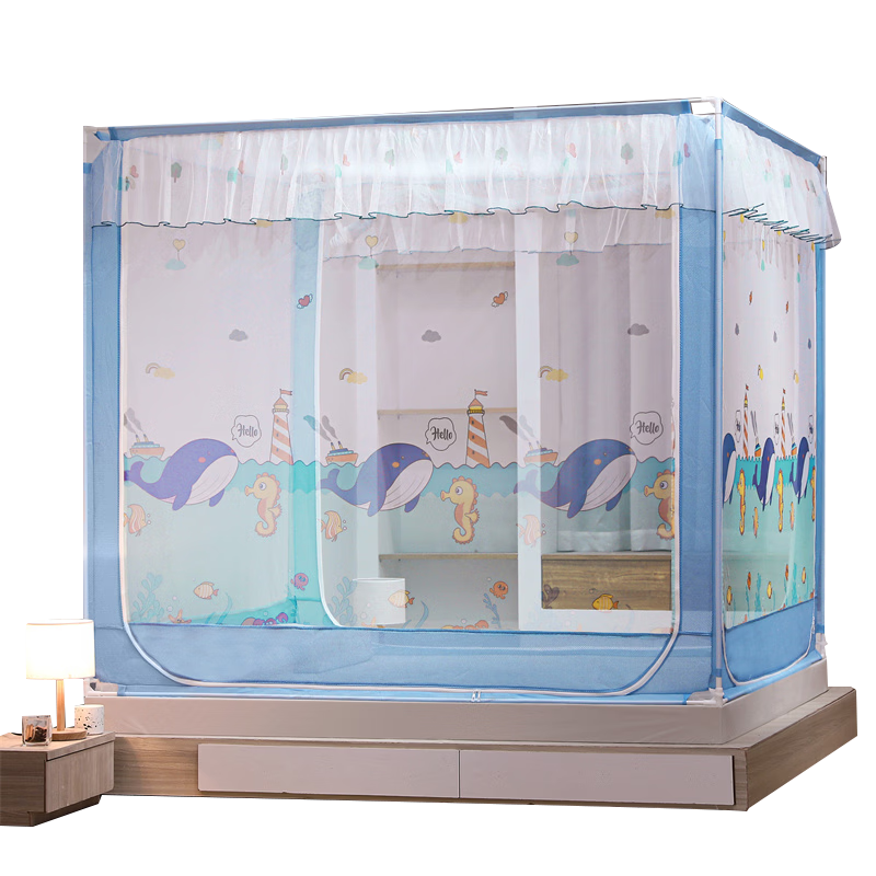 Hodo Red Bean Class A Gauze Baby Crib Bumper Anti-Fall Mosquito Net 1.8×2m Home Three-Door Cartoon Whale Blue