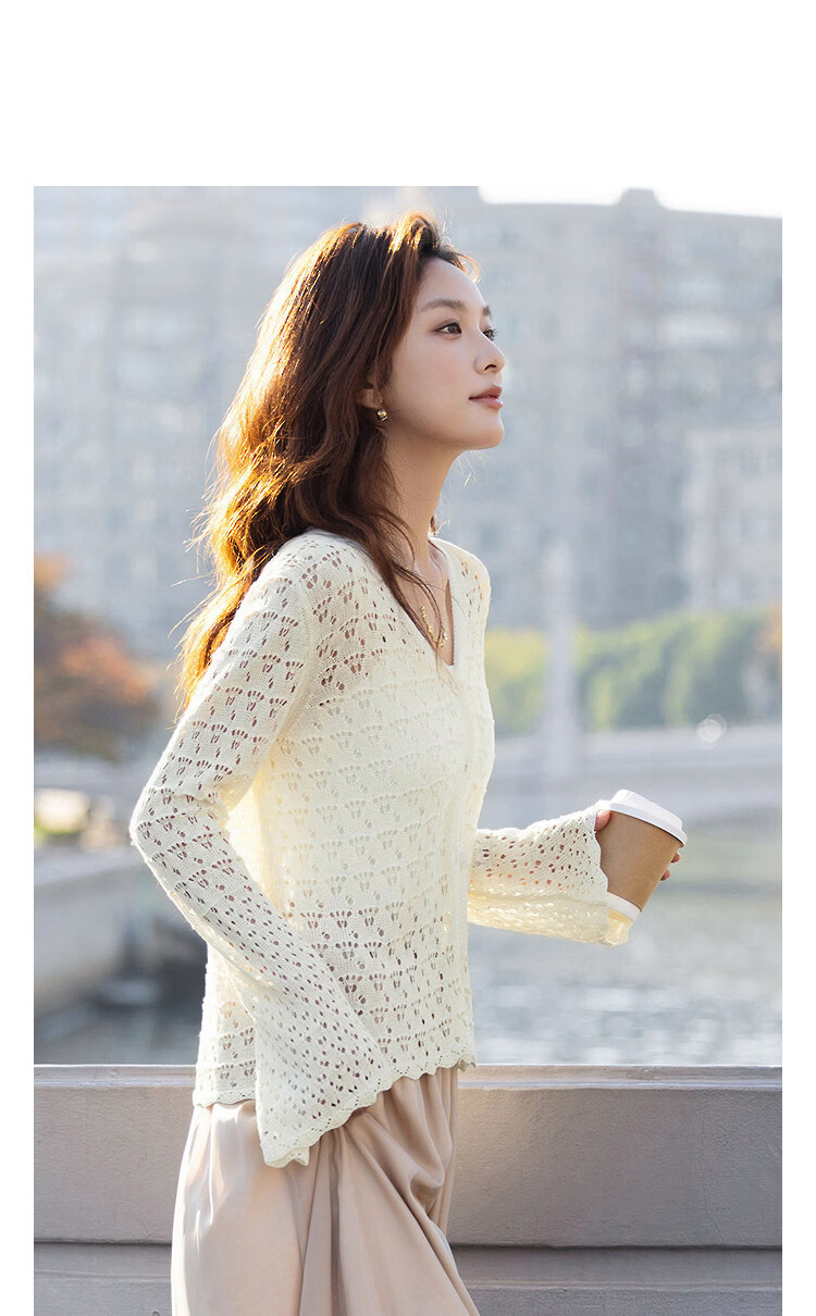 Demana [Moonlight Among Flowers] Spring Elegant V-Neck Hollow Crochet Knit Flare Sleeve Petite Women's Sweater 11