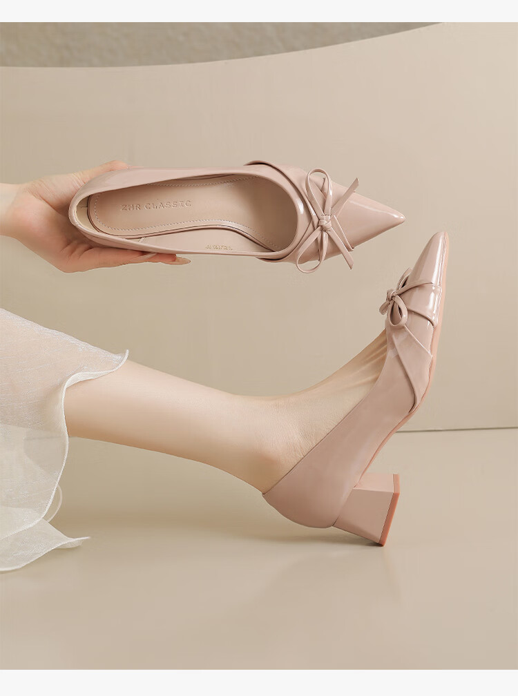ZHR Women's Shoes 2026 New Thick High Heel Single Shoes French Style Butterfly Shallow Leather Comfortable Shoes Nude Pink Size 39 12