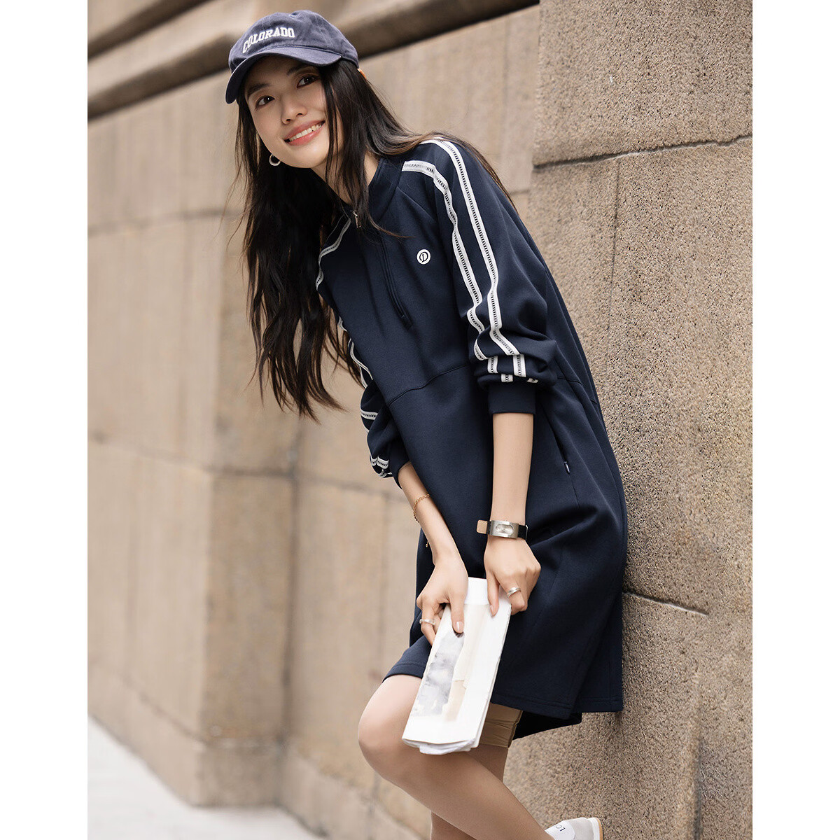 Demana [Comfort Elastic Air Layer] Spring Lightweight Sports Stand Collar Half-Placket Printed Ribbon Petite Women's Dress