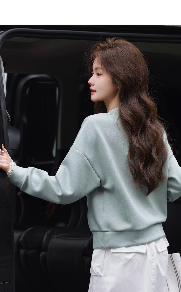 MT Morandi Series Spring Korean Style Air Layer Lace Splice V-Neck Loose Fit Slimming Women's Sweatshirt 4