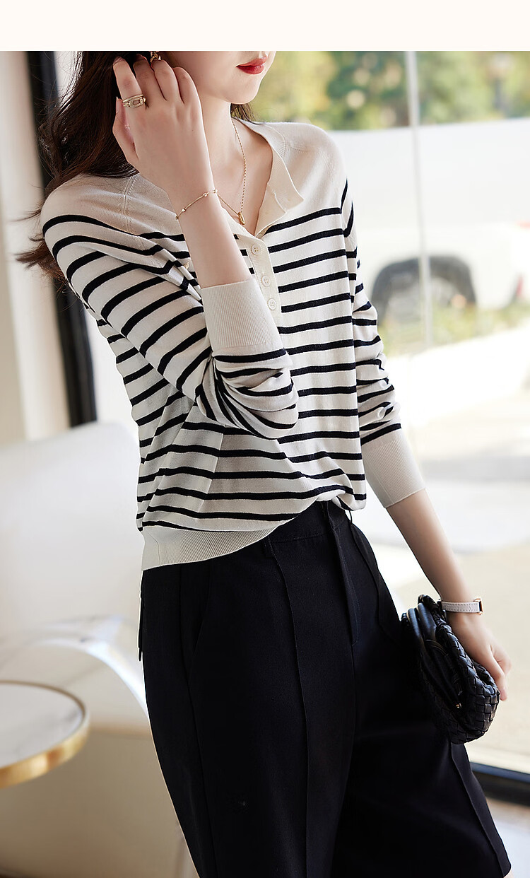 Demana Japanese Style Artistic Commuter Spring Autumn Colorblock Striped Round Neck Slimming Knit Sweater 40