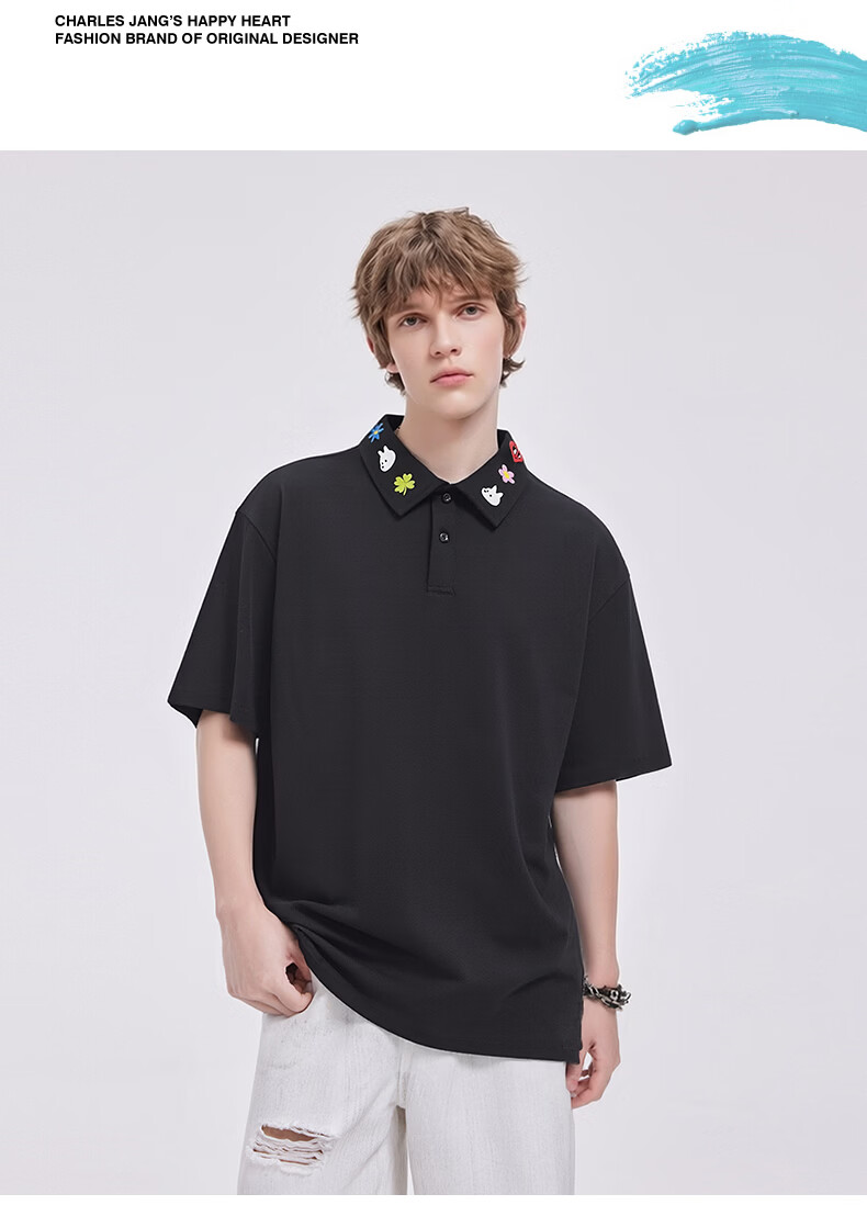 Charles Peach Heart Fresh Collar Cute Embroidered Couple Pure Cotton Short Sleeve Polo Shirt Unisex Casual Light Heather Gray XL 6