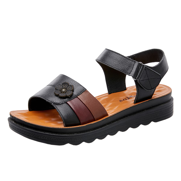 LAORENTOU Women's Genuine Leather Flat Sandals Beach Middle-aged and Elderly Non-slip Soft Sole Sandals LK13182- Black 38