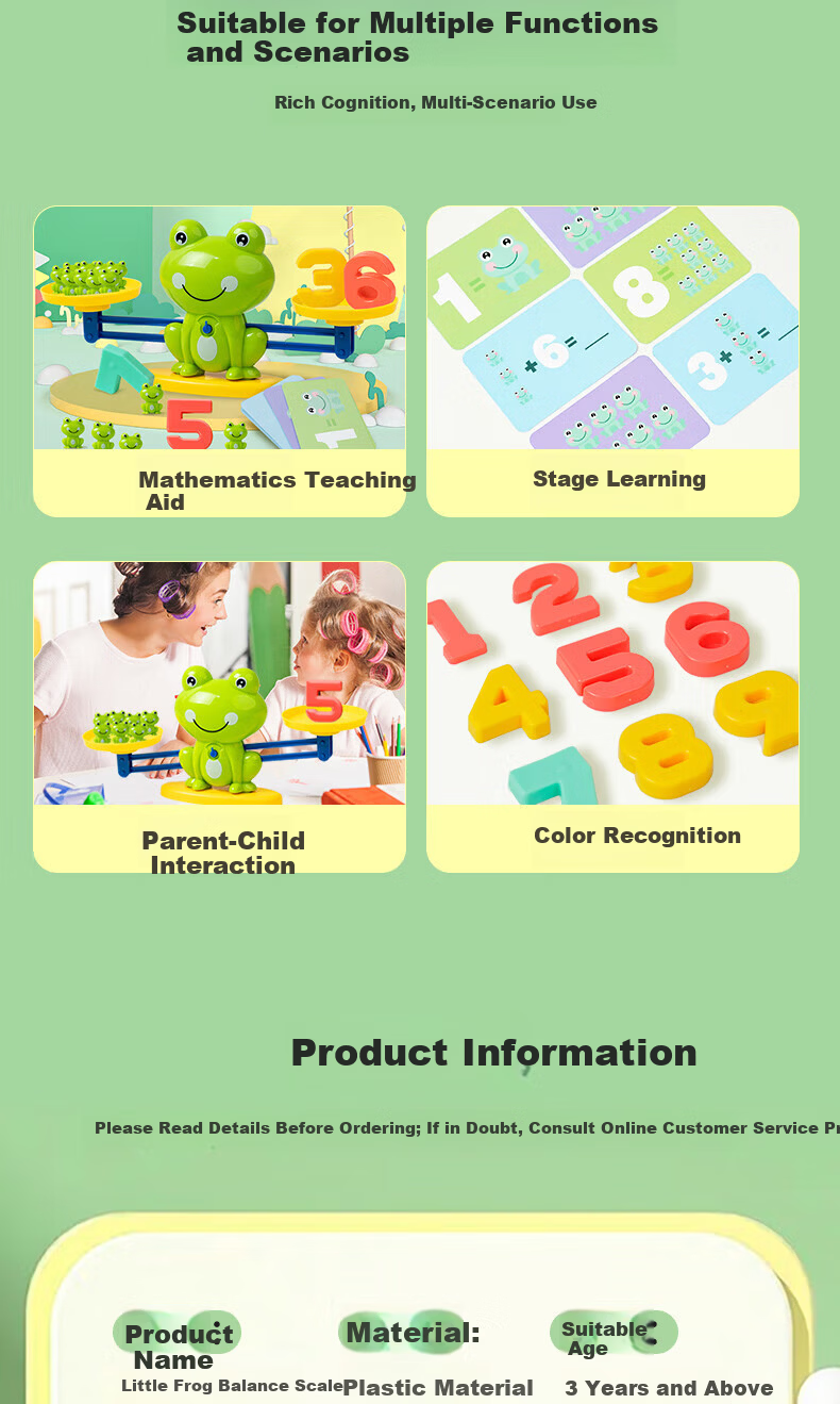Mili Children's Toy Frog Balance Scale Educational Montessori Early Learning Student Number Enlightenment Logic Thinking for Ages 2-6 8