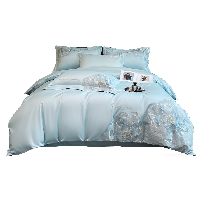 MUJI 100% Cotton Luxury Embroidered 4-Piece Bedding Set Cotton Sheet Duvet Cover 200x230cm for 1.5/1.8m Bed Floral Dream Weave Blue