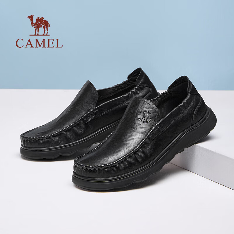 Camel Brand Men's Business Leather Shoes Commuter Wrinkled Cowhide Casual Soft Sole Leather Shoes P16S211003 Black Size 40