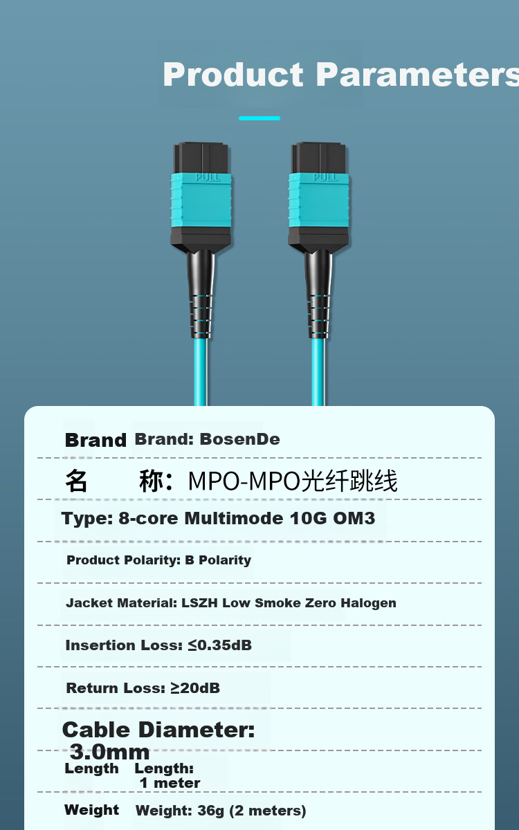 Bosende MPO-MPO Fiber Optic Patch Cord Female B Polarity Compatible MTP Telecom Grade 12-Core 40G/100G/200G OM4 Multimode Fiber Cable 3m BSD-M4-1203 5