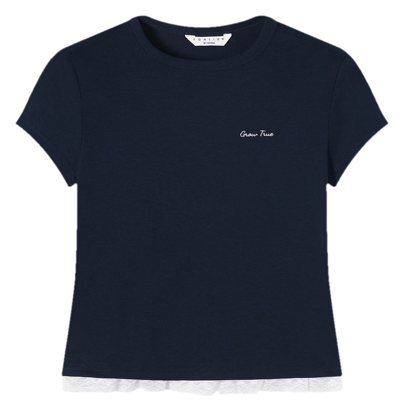 TonLion 2026 Summer New Women's Short Sleeve Slim Fit T-Shirt Navy Blue Lace Patchwork Fashion Trend