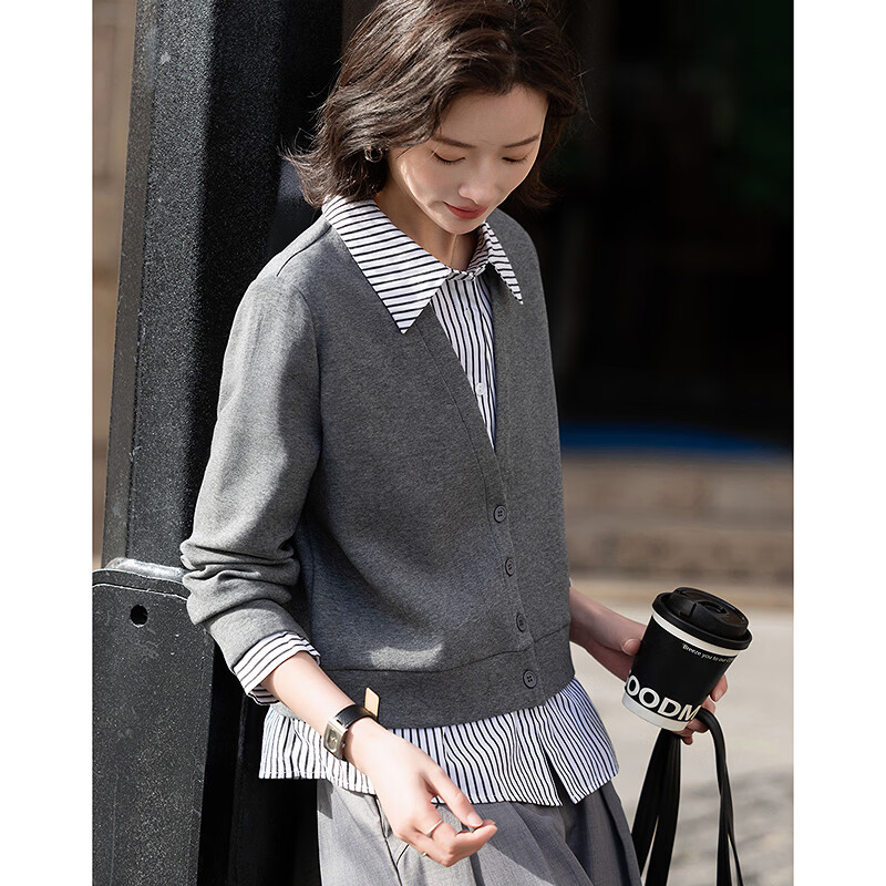 Demana Q-Elastic Air Layer Spring Smart Wind Fake Two-Piece Striped Splice Lapel Loose Petite Women's Jacket