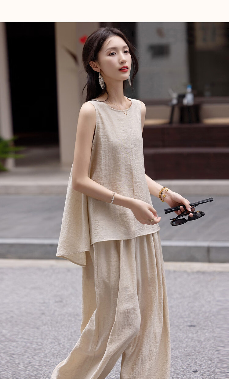 Demana [Simple Heart] Summer Cool Sensation Artistic Style Set Sleeveless Top Elastic Waist Casual Pants Two-Piece Set for Women 10