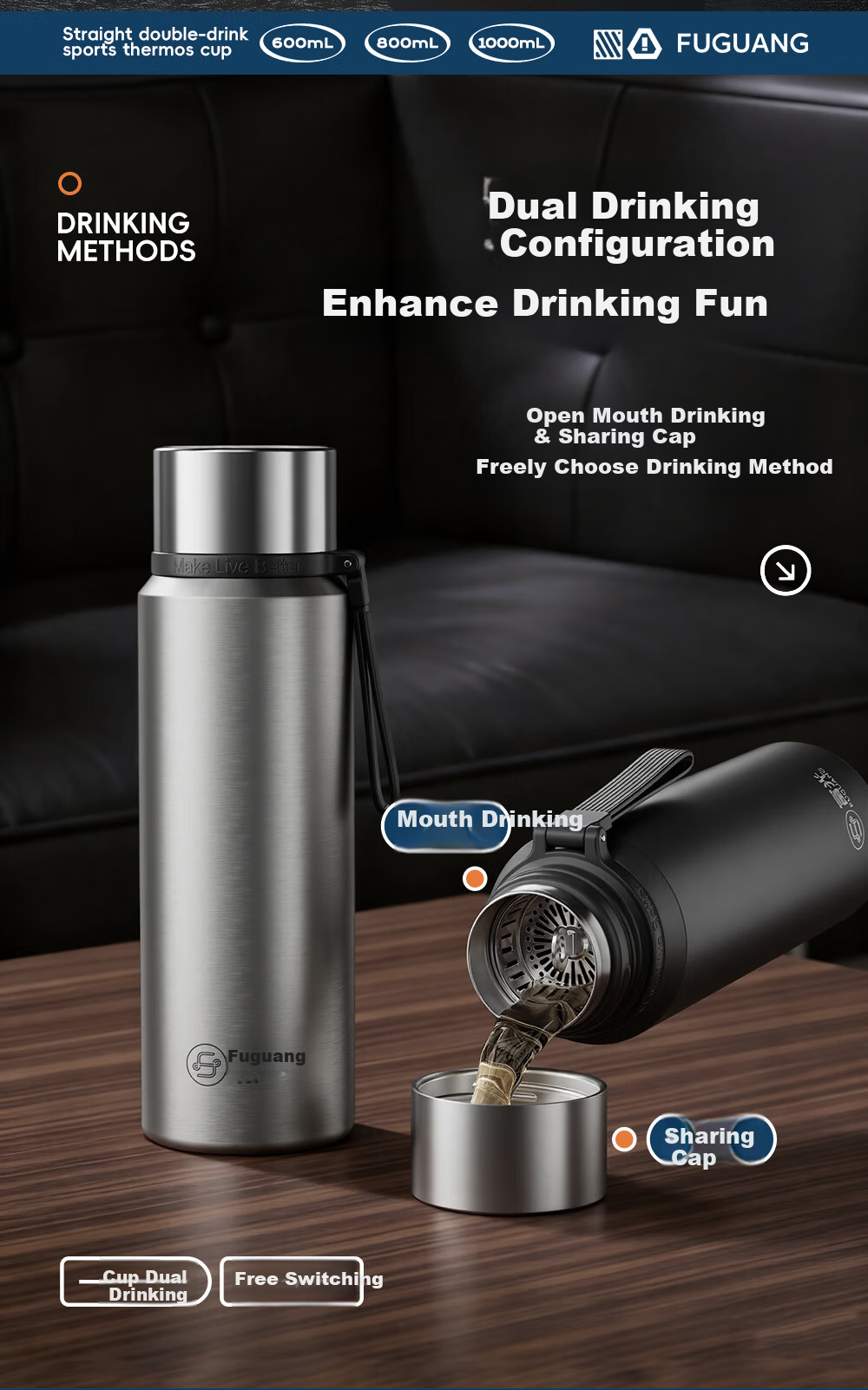Fuguang Large Capacity Insulated Bottle 316L Stainless Steel Full Steel Lid Water Bottle Men Women Tea Separation Brewing Cup Student Cup 4