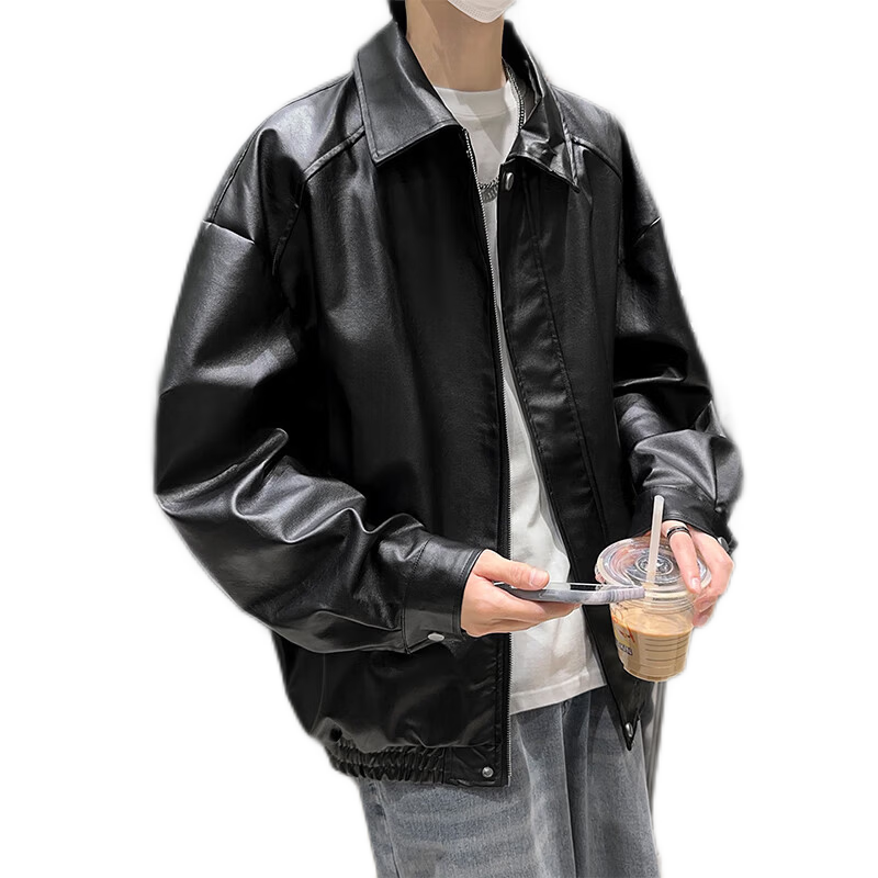 SWAMP AREA Men's Solid Color Leather Jacket, Spring And Autumn Hip-Hop Style Outerwear, American Retro Motorcycle-Inspired Coat, SWC99 Coffee Color, Size L