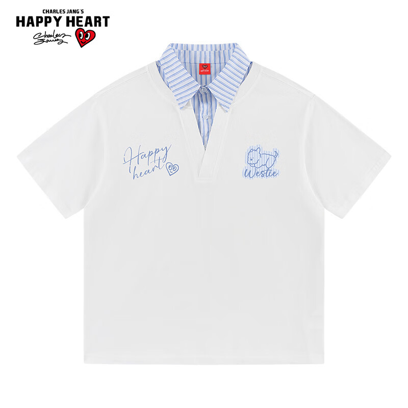 Charles Heart Contrast Collar Couple Pure Cotton Short Sleeve Polo Shirt with Playful Puppy Print Unisex Off-White XS
