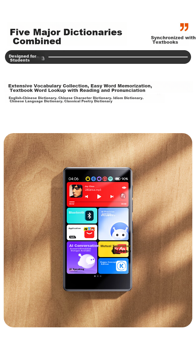 BENJIE MP3/MP4 Student English Listening Portable Player Music Player for Primary and Secondary School Students Bluetooth Smart Learning Machine WIFI Connected MP5/M6 White 16GB 6