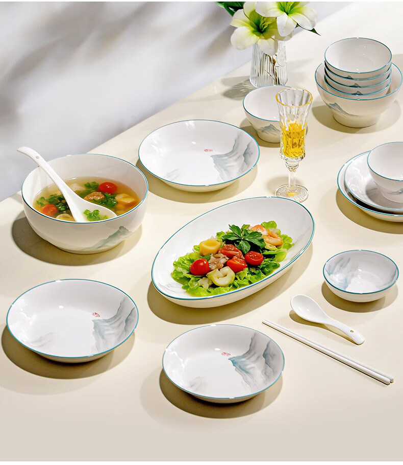 DISHWEER Ceramic Rice Bowls Set of 6, 4.6-Inch Soup Bowls for Home Dining, Qingshan Design 1