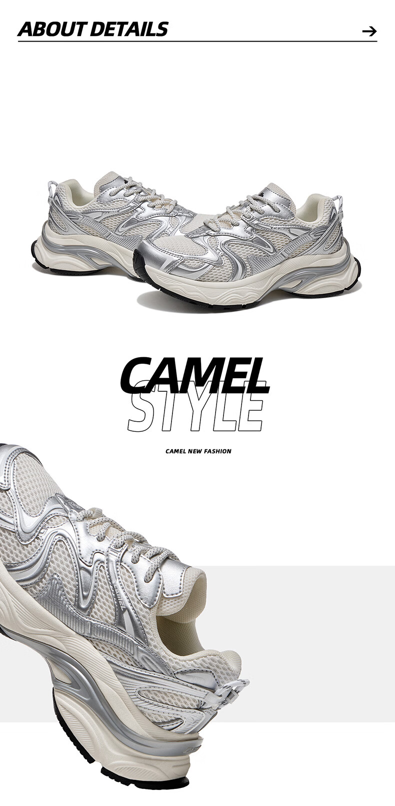 CAMEL Galaxy 2nd Generation Women's Sports Shoes Breathable Casual Thick-Soled Dad Sneakers K26B30L4023 Ivory White/Grey Size 38 7